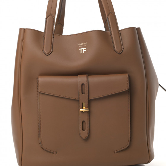 TOM FORD Calfskin Medium Hollywood T Twist Tote Taupe