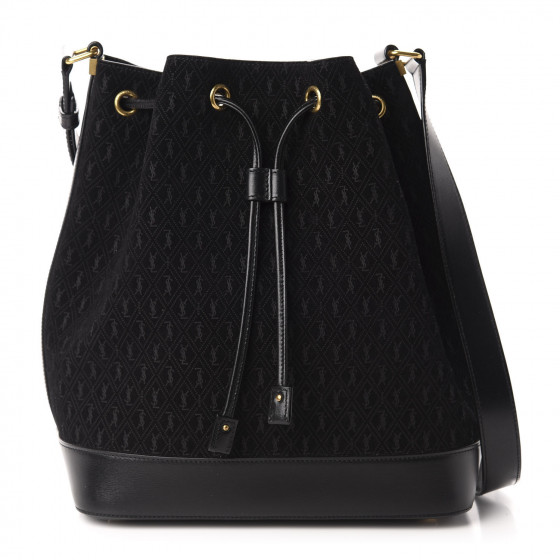 SAINT LAURENT Suede All-Over Monogram Bucket Bag Black