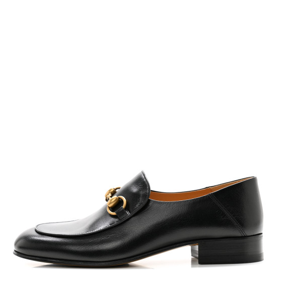 GUCCI Goatskin Womens Horsebit Mid-Heel Loafers 38 Black