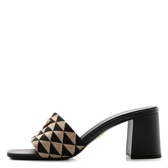 サンダル・ミュール Prada Triangle l Plaque Sandals Prada - White & Tan Triangle Jacquard Mule, 65mm