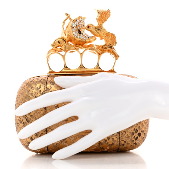 ALEXANDER MCQUEEN Metallic Marbled Snakeskin Crystal Apple Hummingbird Knuckle Duster Box Clutch Gold