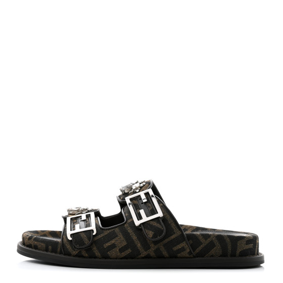 FENDI Fabric Jacquard Crystal FF Womens Fendi Feel Buckled Slide Sandals 38 Tobacco Black