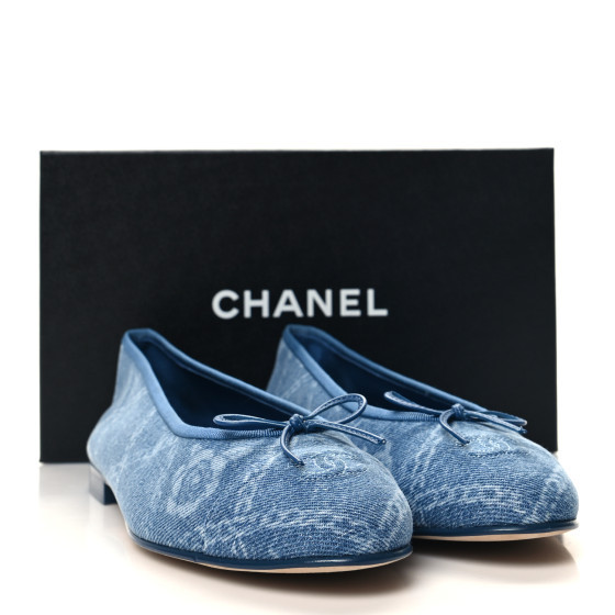 送料込◆入手困難品♪【CHANEL】Ballerina Flats デニム navy Chanel Printed Denim Blue White CC Logo Ballet Ballerina