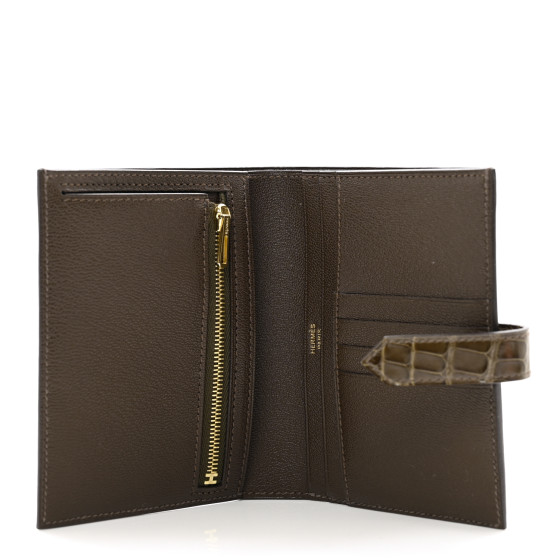 HERMES Shiny Alligator Bearn Compact Wallet Gris Elephant