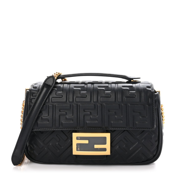 FENDI Nappa Small FF Embossed Midi Chain Baguette Black