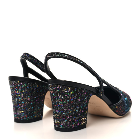 CHANEL Glitter Grosgrain Cap Toe CC Slingback Pumps 37.5