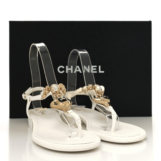 CHANEL Lambskin Metal Heart Thong Sandals 36 White 1448806