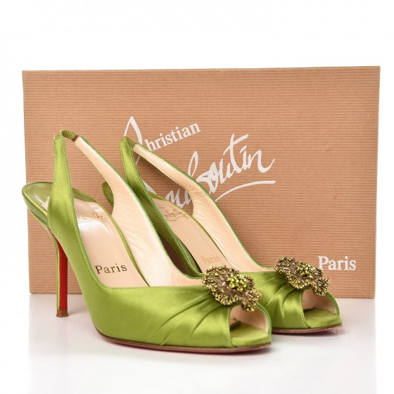 Christian Louboutin グリーン ハイヒール CHRISTIAN LOUBOUTIN Satin Fiorellino Peep Toe Slingback 37.5