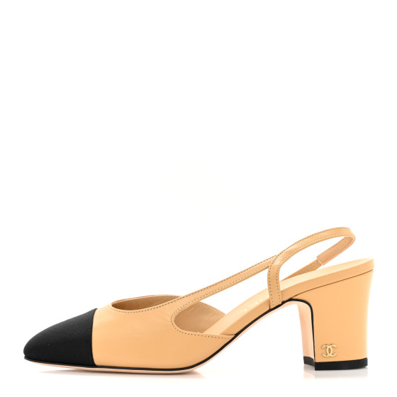 CHANEL Goatskin Grosgrain Cap Toe CC Slingback Pumps 37.5