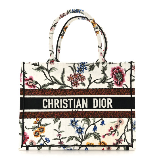 CHRISTIAN DIOR Raffia Embroidered Petites Fleurs Medium Book Tote White Multicolor