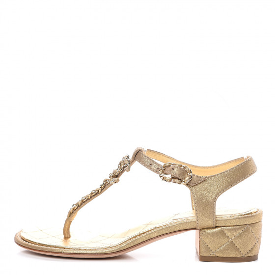 CHANEL Metallic Lambskin Chain CC Logo Thong Sandals 37.5