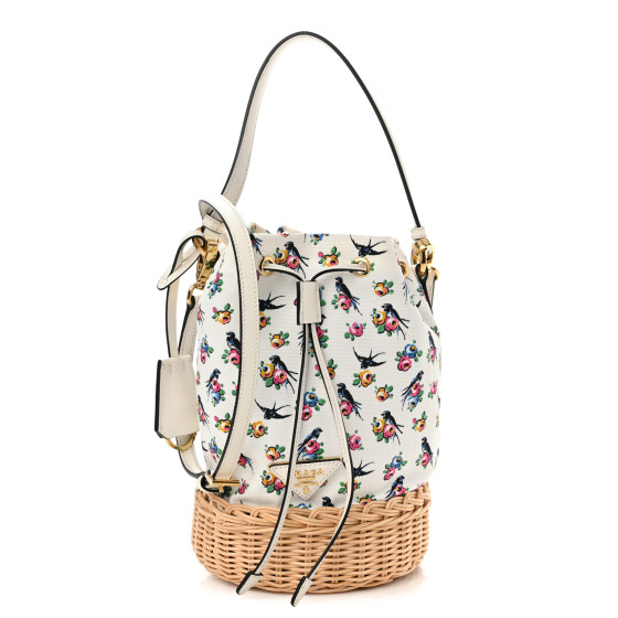 PRADA Wicker Canvas Floral Print Bucket Bag White Multicolor