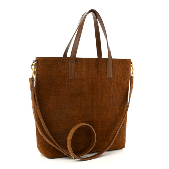 SAINT LAURENT Crocodile Embossed Suede Toy Shopping Tote Tan