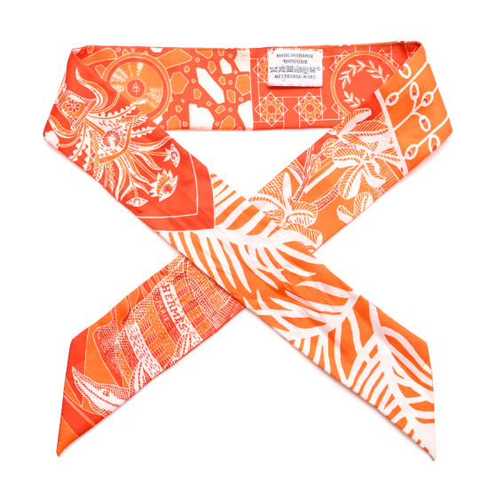 HERMES Silk La Danse Des Amazones Twilly Orange Corail White