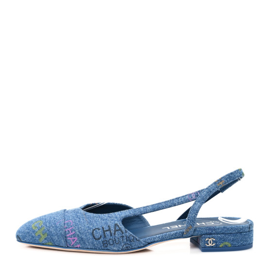 CHANEL Denim Printed Denim Mood Cap Toe CC Slingback Flats