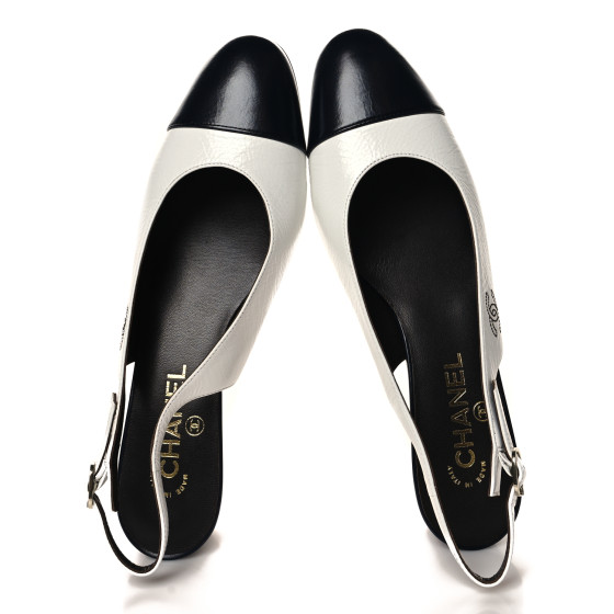 CHANEL Calfskin Cap Toe CC Slingback Pumps 40 White Dark