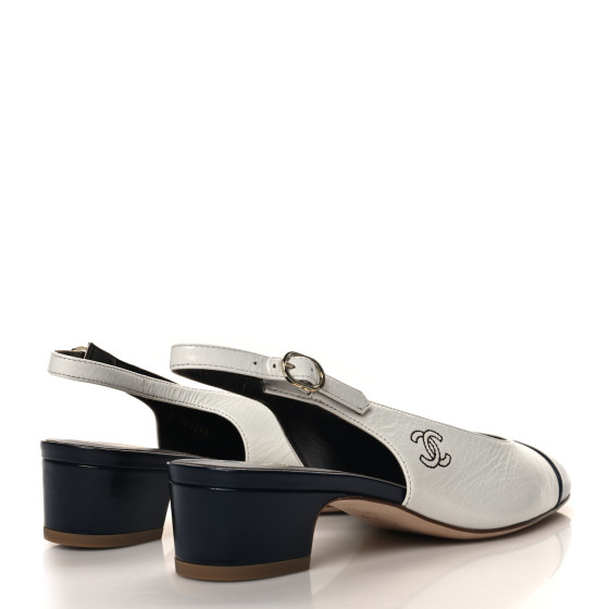 CHANEL Calfskin Cap Toe CC Slingback Pumps 40 White Dark