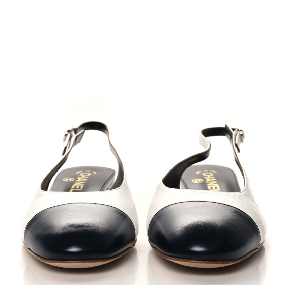 CHANEL Calfskin Cap Toe CC Slingback Pumps 40 White Dark