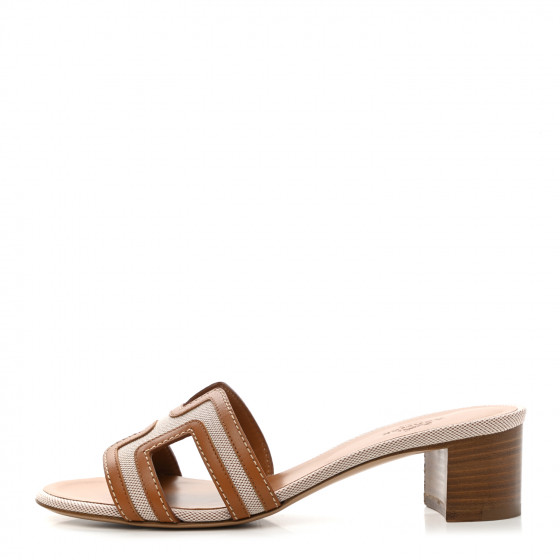 HERMES Calfskin Canvas Oasis Sandals 35.5 Noisette Beige