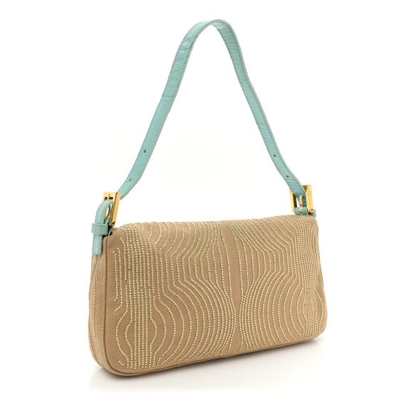 FENDI Fabric Lizard Studded Spider Baguette Tortora Celeste