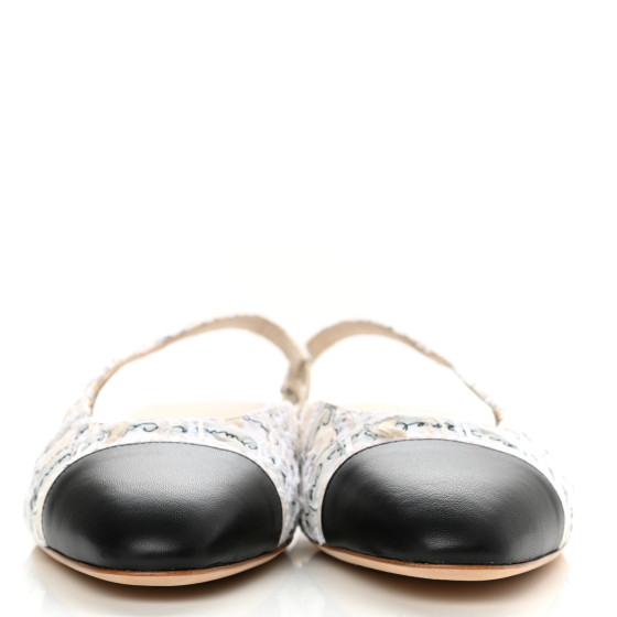 CHANEL Tweed Lambskin Cap Toe CC Slingback Flat 40 Light