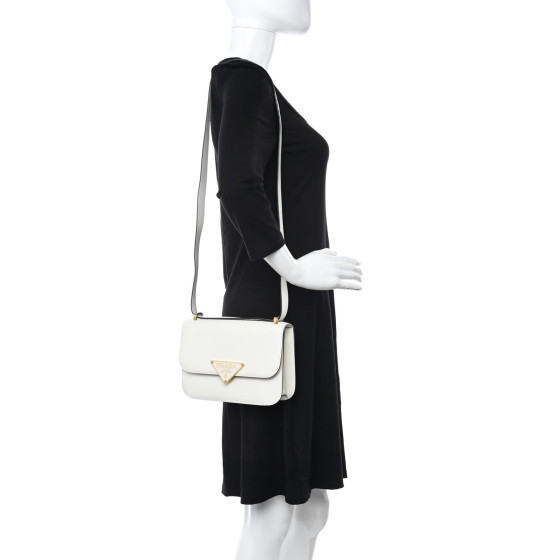 PRADA Saffiano Cuir Triangle Embleme Flap Shoulder Bag White