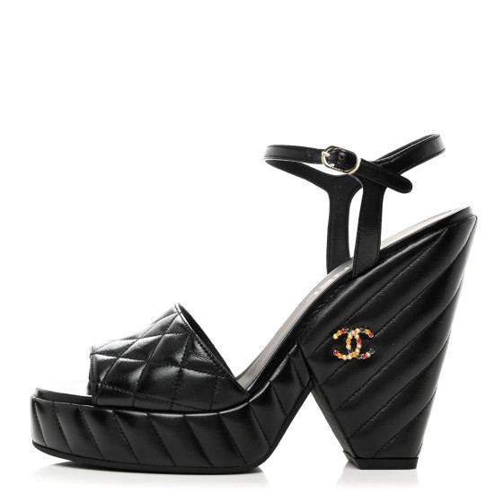CHANEL Shiny Lambskin Quilted Platform Sandals 39.5 Black