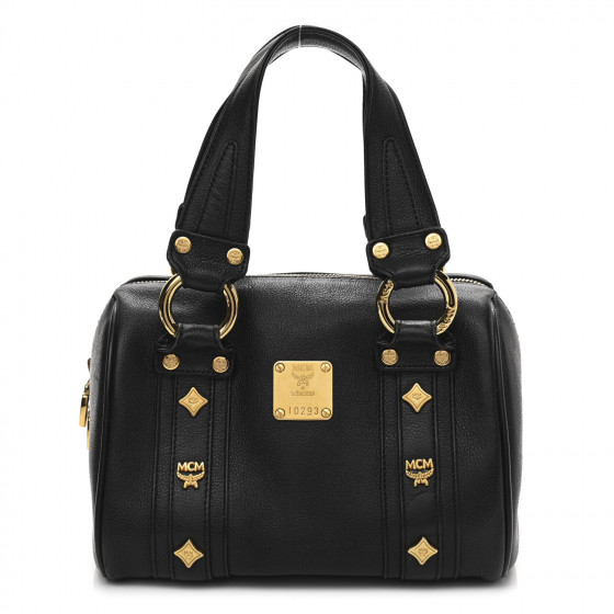 MCM Grained Calfskin Studded Boston Bag Black 1081367 | FASHIONPHILE