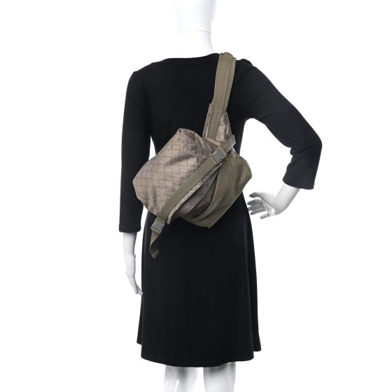 BOTTEGA VENETA Jacquard Mesh Trekking Folding Belt Bag Tan