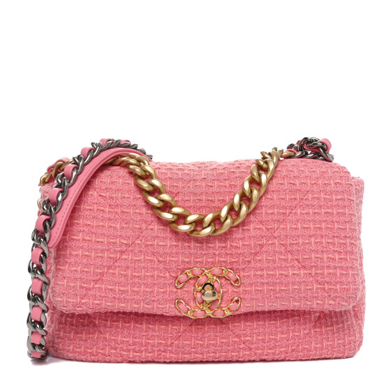 CHANEL Metallic Tweed Quilted Medium Chanel 19 Flap Pink