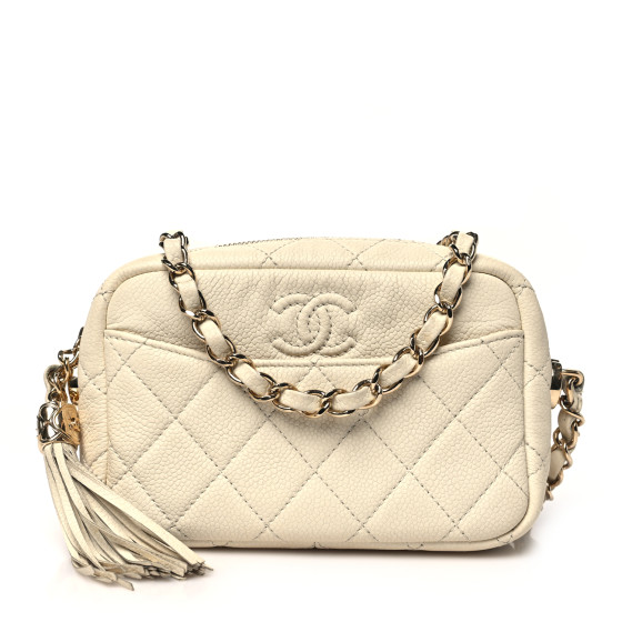 CHANEL Caviar Quilted Mini Coco Tassel Camera Case White
