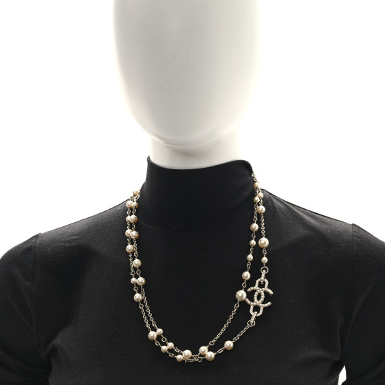 CHANEL Crystal Pearl CC Long Necklace Light Gold