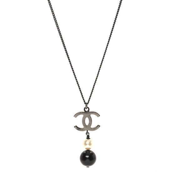 CHANEL Ruthenium Pearl CC Drop Pendant Necklace Black