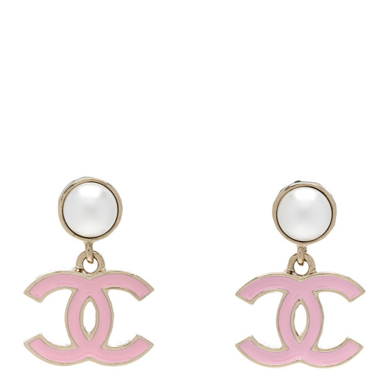 CHANEL Pearl Enamel CC Drop Earrings Pink