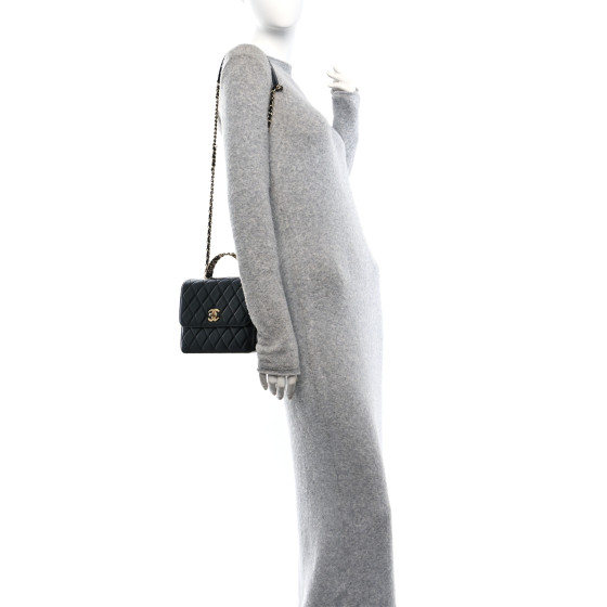 CHANEL Shiny Calfskin Quilted Small Metal Chain Top Handle Flap Black