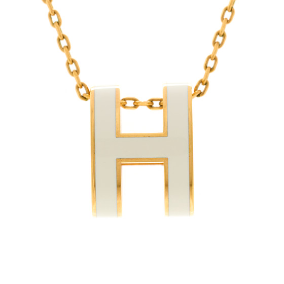 HERMES Lacquered Gold Pop H Pendant Necklace White 1684890