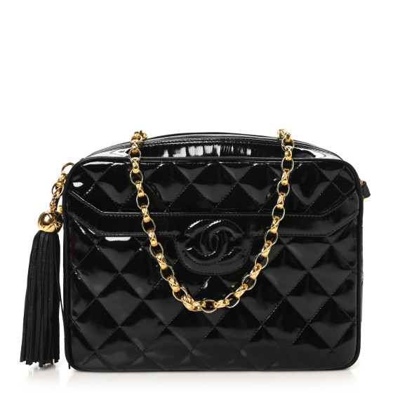 CHANEL Patent Quilted Tassel Camera Case Black