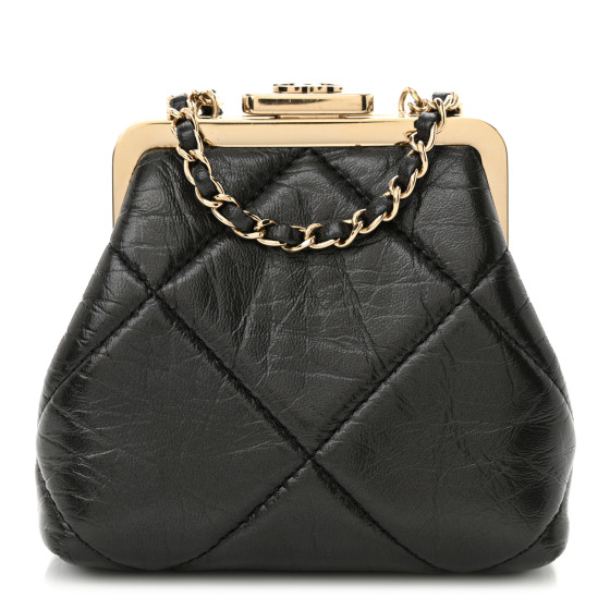 CHANEL Shiny Aged Lambskin Quilted Kiss Lock Clutch With Chain Black