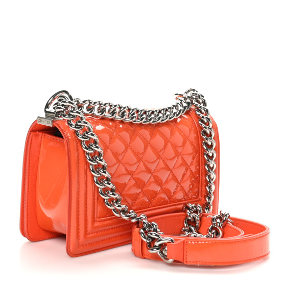 CHANEL Patent Calfskin Quilted Small Plexiglass Boy Flap Orange