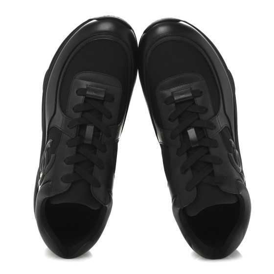 CHANEL Lambskin Fabric CC Uniform Mens Sneakers 44 Black