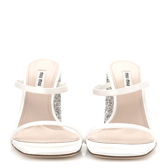 MIU MIU Satin Raso Glitter Block Heel Sandals 38 White