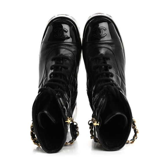 CHANEL Shiny Calfskin Patent Quilted Chain Lace Up Combat