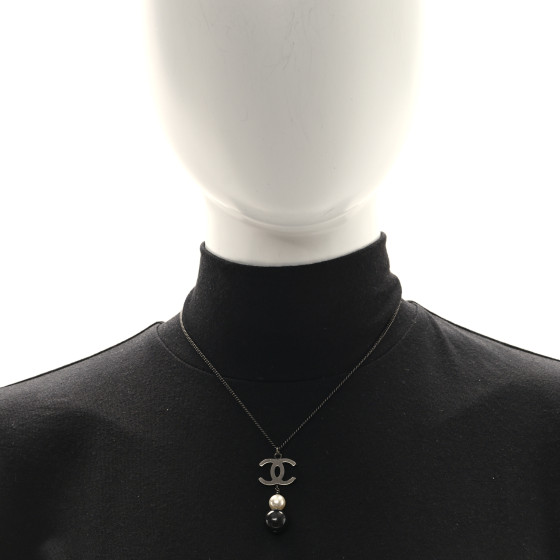 CHANEL Ruthenium Pearl CC Drop Pendant Necklace Black