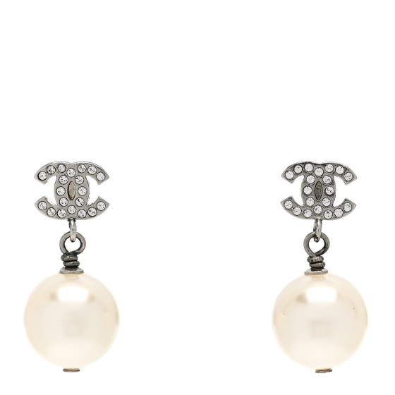 CHANEL Crystal Pearl CC Drop Earrings Silver Pearly White