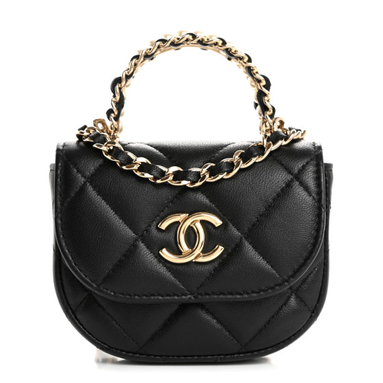 CHANEL Lambskin Quilted Pearl Top Handle Clutch With Chain Black