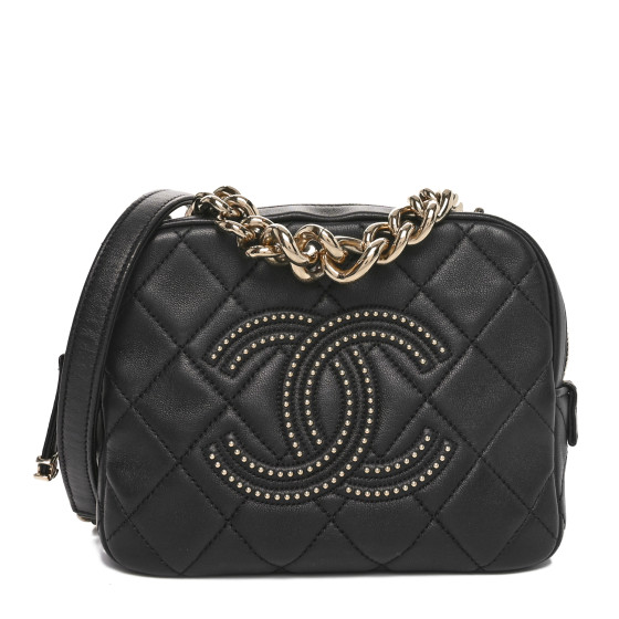 CHANEL Lambskin Quilted Studded Quilted Vanity Case With Chain Black