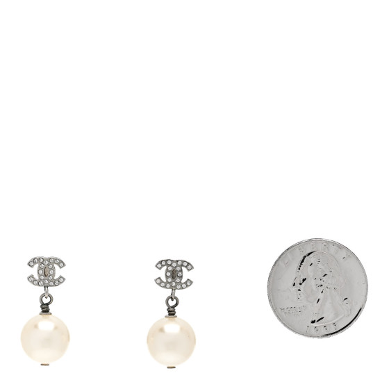 CHANEL Crystal Pearl CC Drop Earrings Silver Pearly White