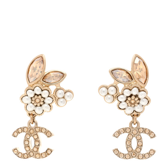 CHANEL Pearl Crystal Drop CC Earrings Gold White