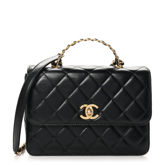 CHANEL Shiny Calfskin Quilted Small Metal Chain Top Handle Flap Black