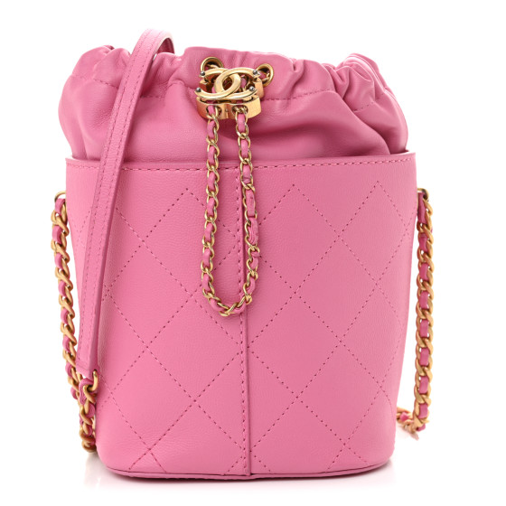 CHANEL Calfskin Small CC Chain Bucket Drawstring Bag Pink